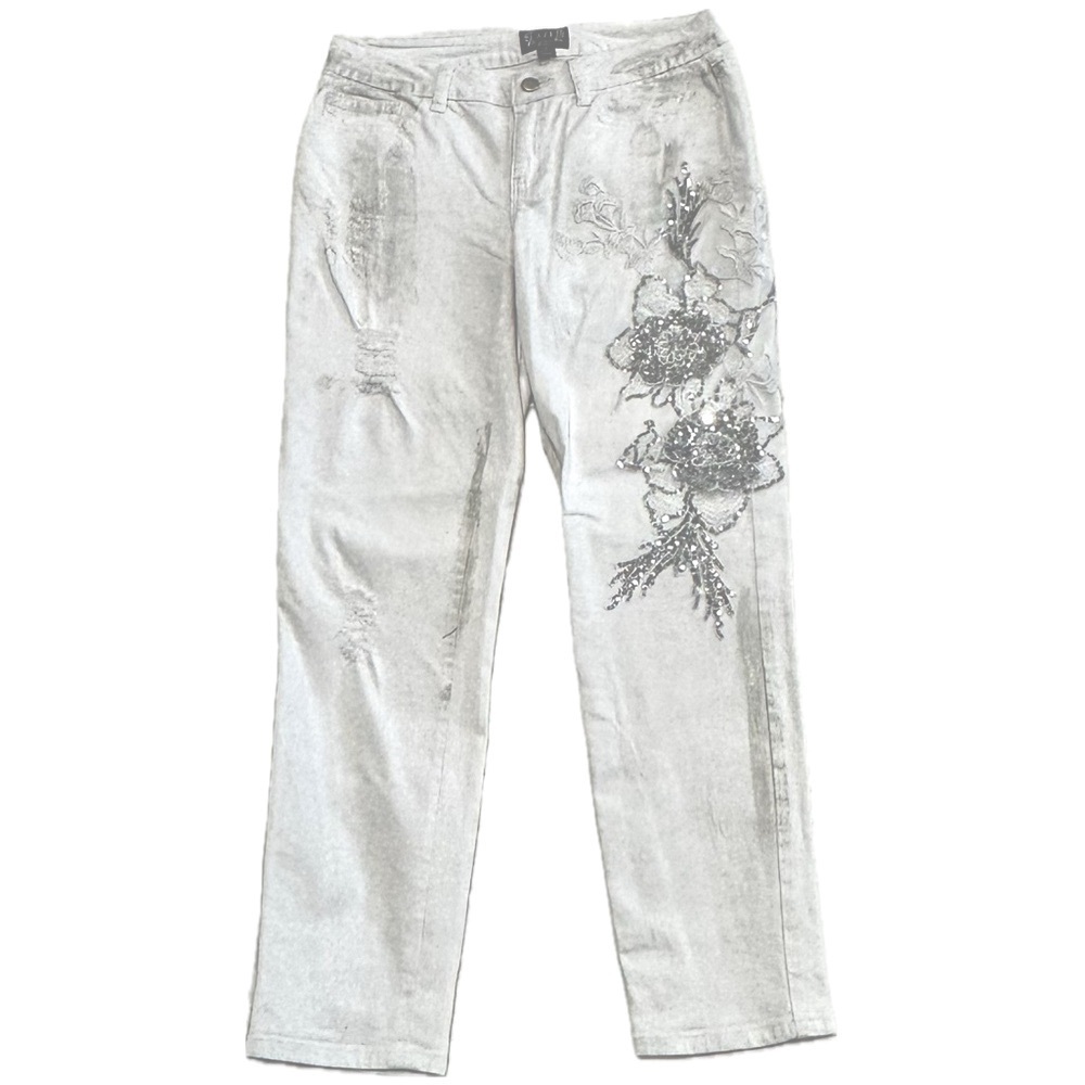 👖🌟 AZI NEW YORK Embellished Jeans | White Silver Sequin Distressed Denim | Sz 4